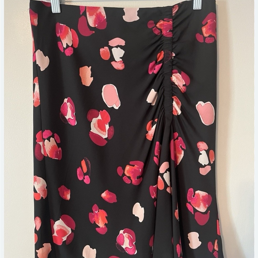 CAbi Black and Pink Ruched Midi Skirt
